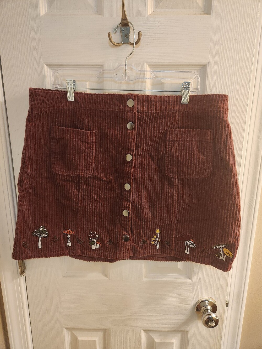 Corduroy Button-Front Mini Skirt with Mushroom Embroidery